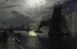 Moonlit Vlissingen. Signed Lower Left: H. Petersen-angeln