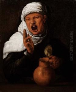 Figura Sdentata Dalla Bocca Spalancata, Con Un Boccale Vuoto A Sinistra E La Mano Destra Benedicente by Simone Peterzano