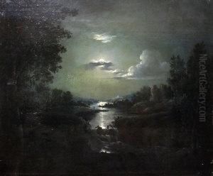 Moonlit River Landscape With Ruins by Abraham Pether