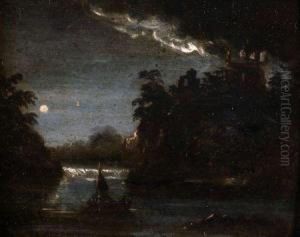 A Moonlit River Landscape With Boats by Abraham Pether
