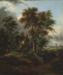 A Wooded Landscape With An Angler By A Cottage And A Windmill Beyond by Abraham Pether