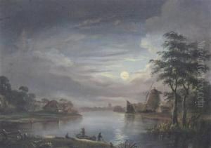 Moonlit River Landscape by Abraham Pether