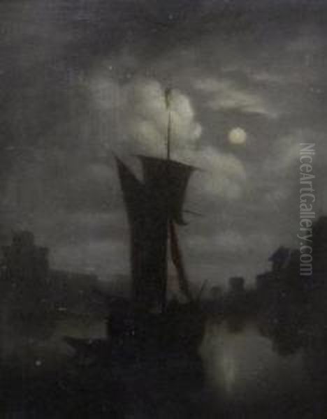 Moonlit Harbour Scene With Moored Shipping - view 1