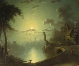 Windmill And Cottages In Moonlight by Henry Pether