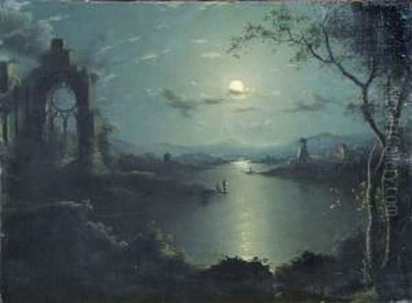 A Moonlit View Of Lake And Church Ruin - view 1