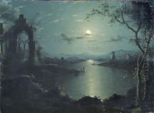 A Moonlit View Of Lake And Church Ruin