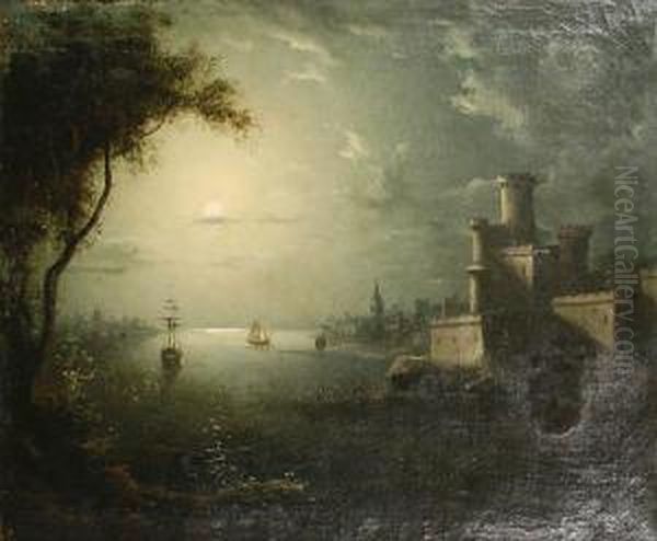 A View Of A Castle On The River, Bymoonlight - view 1