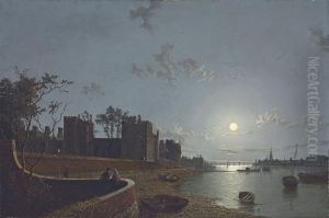 View Of The Thames At Lambeth Palace, By Moonlight by Henry Pether