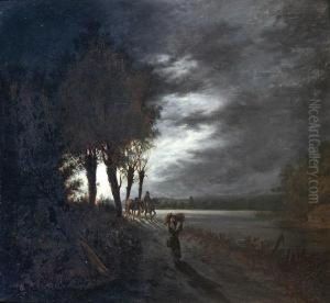 Figures And Horses On A Riverside Pathway Bymoonlight by Henry Pether