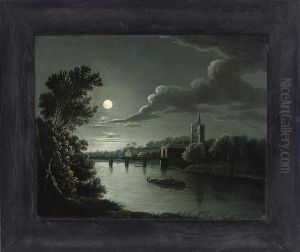 A Moonlit River Landscape With Figures On A Boat, A Church Beyond