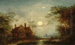 Moonlit Landscape With A Traveller By A Cottage Withwoodland And A Pond
