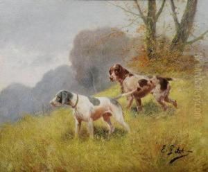 A German Wirehaired Pointer And An English Pointer In An Autumnal Landscape by Eugene Petit