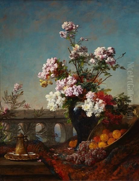 Flowers In An Urn With Fruit By A Bridge - view 1