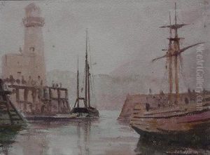 Harbour And Lighthouse Scarborough by John Louis Petit