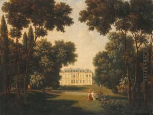 Promeneurs Devant Un Chateau Au Milieu D'une Foret