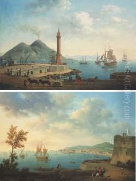 Vue Du Mole Et Du Phare De Naples Avec Le Vesuve A L'arriere-plan;et Vue De La Baie De Naples Cote Ouest Avec Le Fort Carmine - view 1