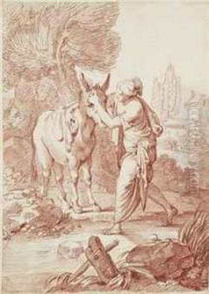 Femme S'occupant De Son Ane Dans Un Paysage - view 1