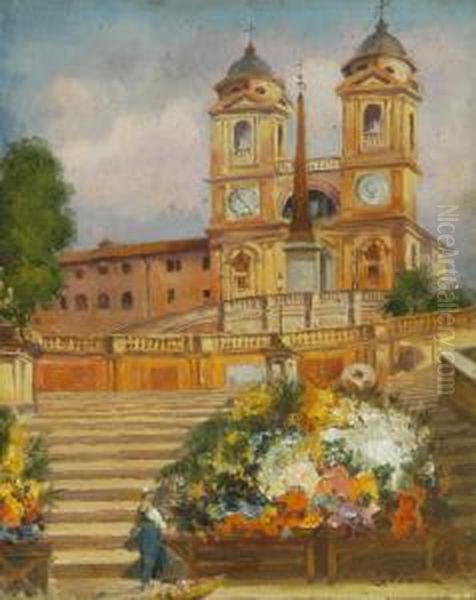 "fiori A Piazza Di Spagna" Olio Su Cartoncino Firmato In Basso A Destra - view 1