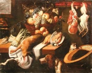 Natura Morta Con
Cacciagione, Cesto Di Frutta, Cani E Gatto