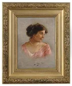 Portrait Of A Lady, Bust-length, In A Pink Dress by Achille Petrocelli