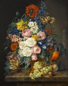 Still Life With Roses And Tulips With Parrot In A Brass Vase by Franz Xaver Petter