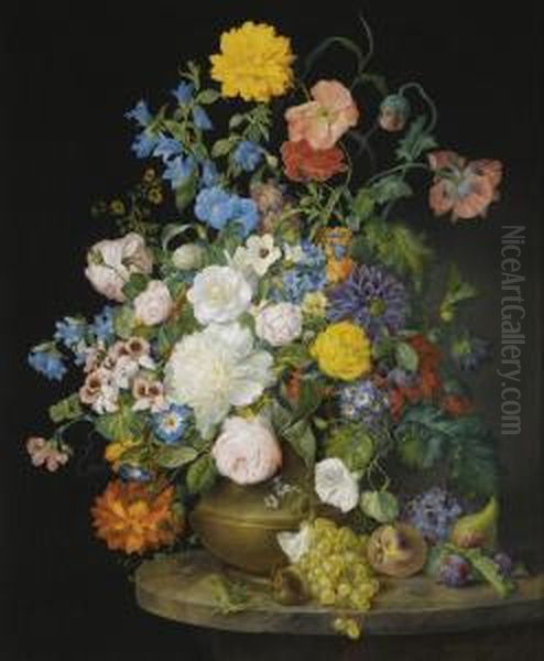 A Vase Of Camellias, Geraniums, Dahlias, A White Peony, Roses, Poppies And Other Flowers - view 1