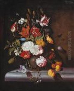 Roses, Tulips And Other Blooms In A Vase On A Ledge, With An Ant And A Beetle. by Franz Xaver Petter