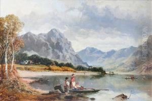 A Mountainous Lake Landscape With Children Fishing In A Boat by Edwin Pettitt