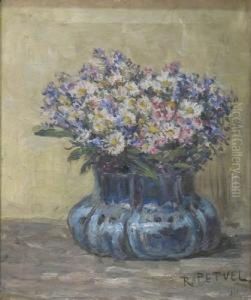 Bunter Fruhlingsstraus In Einer Blauen Vase by Rudolf Petuel