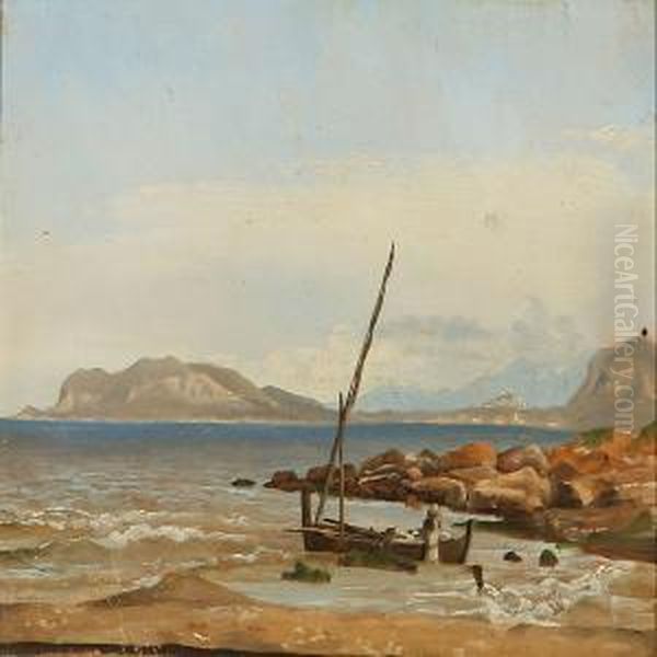 Italian Coastal Scene With A Fishing Boat In The Shallows - view 1