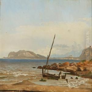 Italian Coastal Scene With A Fishing Boat In The Shallows by Fritz Petzholdt