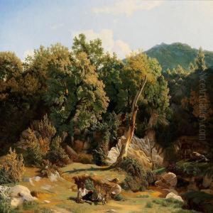 Italian Landscape With Two Shepherds Hunting by Fritz Petzholdt