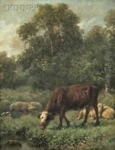 Pastoral Scene With Grazing Cow And Sheep by Juliette Peyrol Bonheur