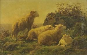 Untitled (ram, Two Ewes, And A Lamb In A Windylandscape) by Juliette Peyrol Bonheur