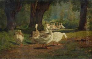 Geese In A Wooded Glade by Juliette Peyrol Bonheur