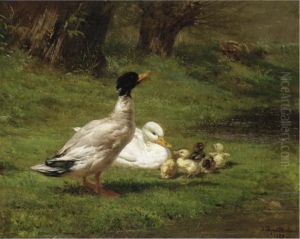 Ducks And Ducklings On A Riverbank by Juliette Peyrol Bonheur
