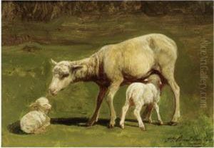 A Ewe And Two Lambs by Juliette Peyrol Bonheur