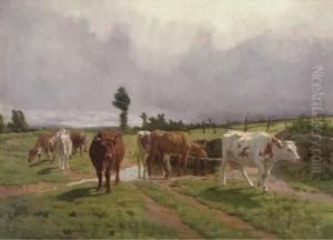 Cattle Watering By A Stream by Rene Peyrol