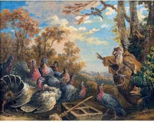 A Monkey, Dressed As A Franciscan Monk, Preaches To Turkeys, With A Fox Looking On by Alexis Peyrotte