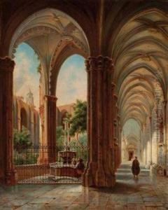"kreuzgang Eines Zisterzienser Stiftes Mit Kirchenruine Undfigurenstaffage" by A. Peyscha