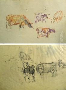 A Study Of Cattle Grazing; A Sketch Of Cats; A Study Of Cattle On The Hillside; Home In Autumn (group Of 4) by Bertha Menzler Peyton