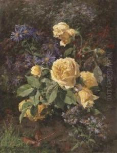 Grand Floral Still Life With Yellow Roses by Aymar Pezant
