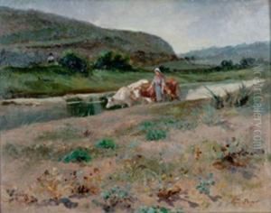 Vachere Et Ses Betes Au Bord De L'eau by Aymar Pezant