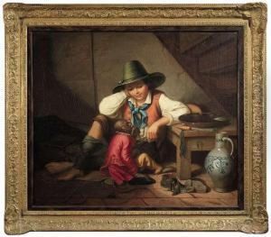 A Young Juggler With His Small Monkey Having Meal