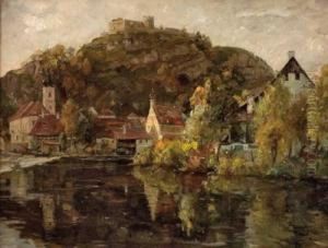 Ort An Einem Fluss Mit Burg by Konrad Pfau