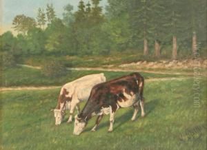 Zwei Weidende Kuhe Auf Einer Sommerwiese by Carl H. Pfeiffer