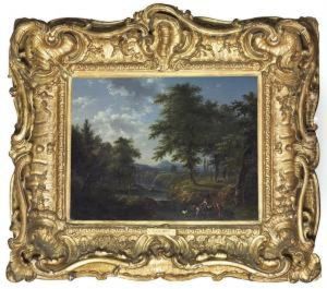 An Extensive River Landscape With Shepherdesses Watering Their Flocks At A Cascade, A Town And A Mountain Range Beyond by Francois Joseph I Pfeiffer