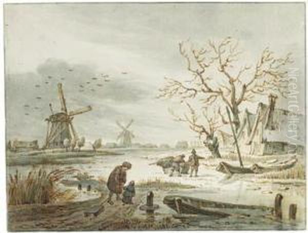 Figures On The Ice Near A Village In Winter - view 1