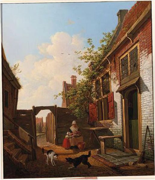 A Sunlit Courtyard With Mother And Child Peeling Vegetables - view 1