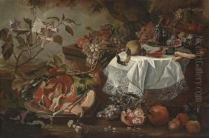A Cut Pumpkin On A Silver Platter, Figs, Wine Glasses And Pastries On A Draped Plinth by Maximilian Pfeiler